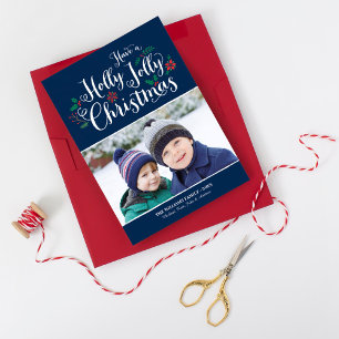 Holly Jolly Christmas Navy Blue Photo Holiday Card