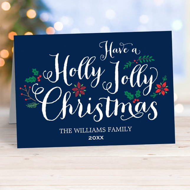Holly Jolly Christmas Navy Blue Photo Holiday Card (Creator Uploaded)
