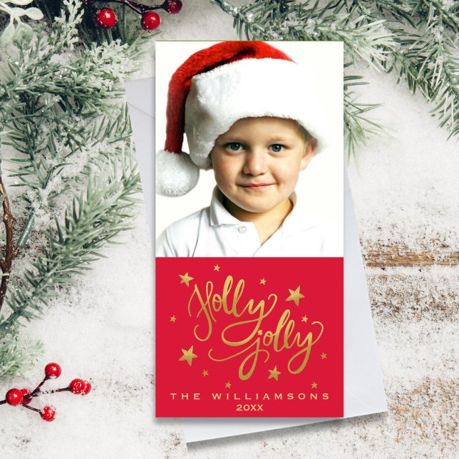 Holly Jolly Christmas Photo | Whimsical Red Gold Holiday Card (Creator Uploaded)