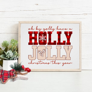 Holly Jolly Christmas Plaid Festive Typography Poster