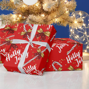 Holly Jolly Christmas Red Candy Cane Gold Bows Wrapping Paper