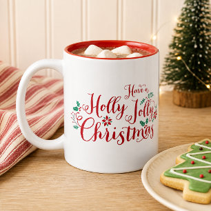 Holly Jolly Christmas Red Handwritten Script Two-Tone Coffee Mug