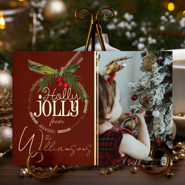 Holly Jolly Christmas Red With Holly Berry Gold  Foil Holiday Card (elegant red and gold personalized Christmas card with name and photo and real gold foil)