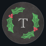 Holly Jolly Christmas Rustic Chalkboard Monogram Classic Round Sticker<br><div class="desc">Charming,  rustic Christmas sticker with your initial inside a holly wreath on a chalkboard background.</div>