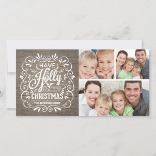 Holly Jolly Christmas Rustic Wood Photo Collage Holiday Card