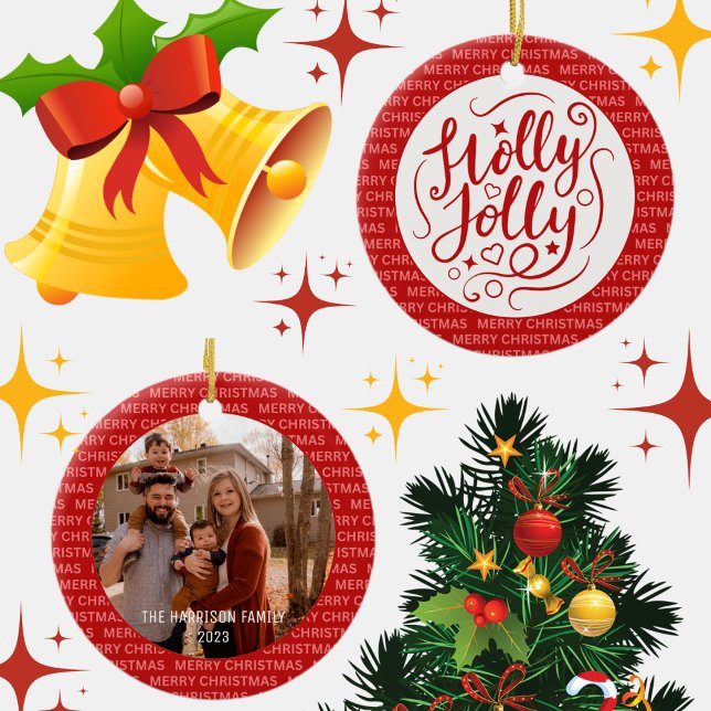 Holly Jolly Christmas Script Family Photo Red Ceramic Tree Decoration (Creator Uploaded)