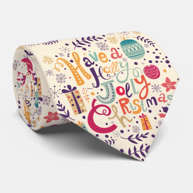 Holly Jolly Christmas Text Design Tie (Rolled)