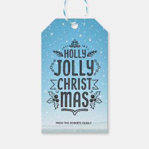 Holly Jolly Christmas Typography Blue Snow Custom  Gift Tags