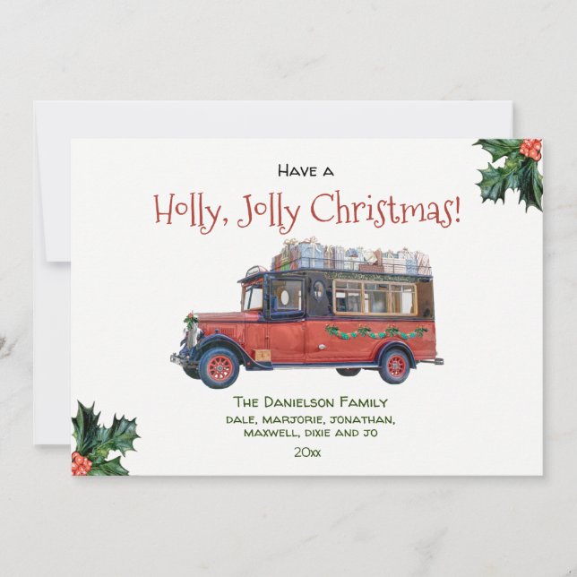Holly Jolly Christmas Vintage Bus Christmas Holiday Card (Front)