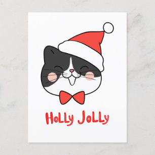 Holly Jolly Cute Kawaii Cat Minimalist Holiday Postcard