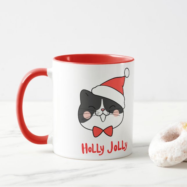 Holly Jolly Cute Kawaii Santa Cat Christmas  Mug (With Donut)