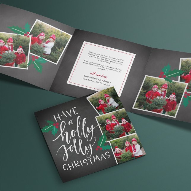 Holly Jolly | Cute Rustic Multi Photo Tri-Fold Holiday Card (Creator Uploaded)