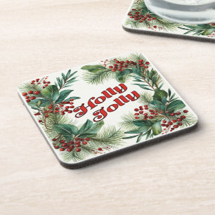"Holly Jolly" Decorative Christmas Script & Holly Coaster