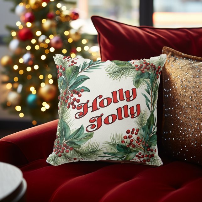 "Holly Jolly" Decorative Christmas Script & Holly Cushion (Traditional Christmas Decor Festive "Holly Jolly" Pine and Holly Decorative Christmas Throw Pillow)