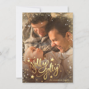 Holly Jolly   Elegant Gold Faux Foil 2 Photo Holiday Card