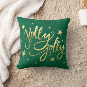 Holly Jolly Elegant Gold Faux Foil Script Green Cushion