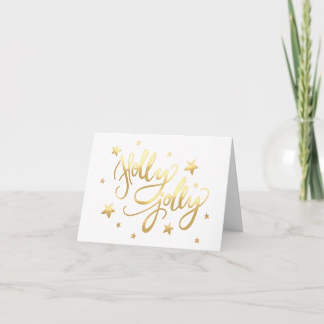Holly Jolly | Elegant Gold Faux Foil Script Holiday Card (Front)