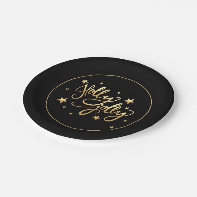 Holly Jolly | Elegant Gold Faux Foil Script Paper Plate (Angled)