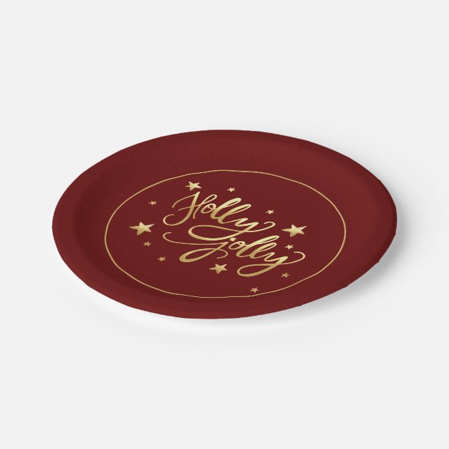 Holly Jolly | Elegant Gold Faux Foil Script Paper Plate (Angled)
