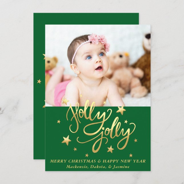 Holly Jolly | Elegant Gold Faux Foil Script Photo Holiday Card (Front/Back)
