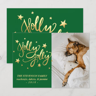 Holly Jolly   Elegant Gold Faux Foil Script Photo Holiday Card
