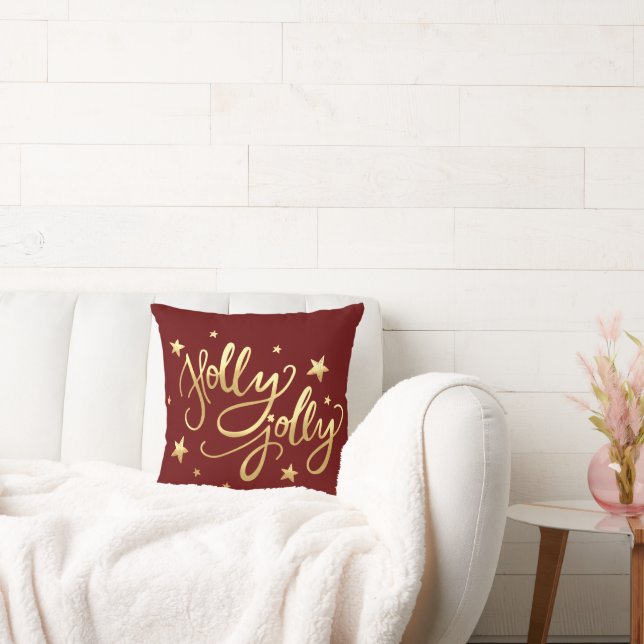 Holly Jolly | Elegant Gold Faux Foil Script Red Cushion (Couch)