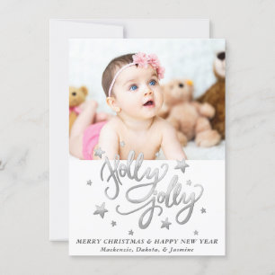 Holly Jolly   Elegant Silver Faux Foil Photo Holiday Card