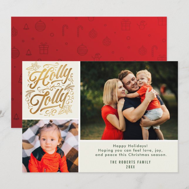 holly jolly family christmas photo collage card (Front/Back)