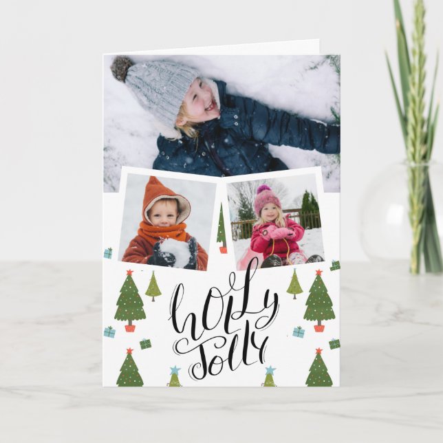 Holly Jolly Fun Script Christmas Pine Tree Photo Holiday Card (Front)