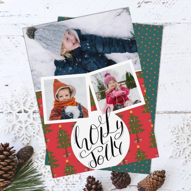 Holly Jolly Fun Script Christmas Pine Tree Photo Holiday Card (Creator Uploaded)