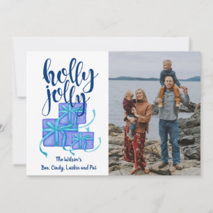 Holly Jolly Gifts Blue Custom Photo Holiday Card