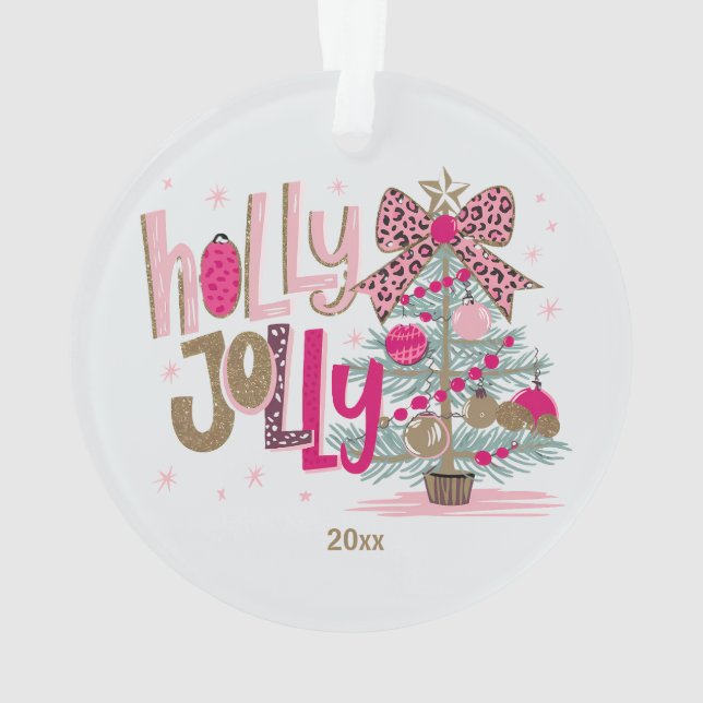 Holly Jolly Glam Pink Gold Leopard Print Christmas Ornament (Back)