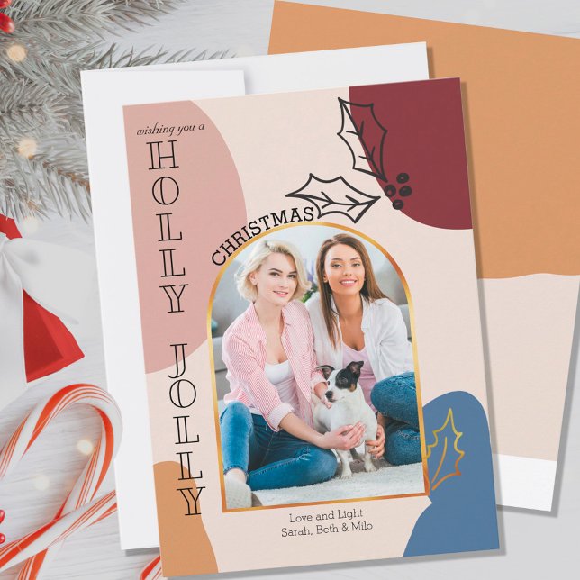 Holly Jolly Gold Arch Photo and Organic Shapes Holiday Card (Creator Uploaded)