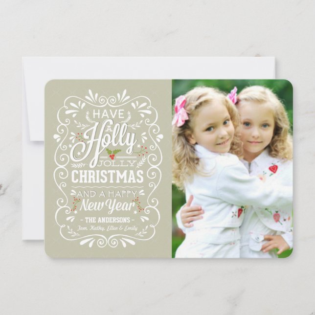 Holly Jolly Greige & White Christmas Photo Card (Front)