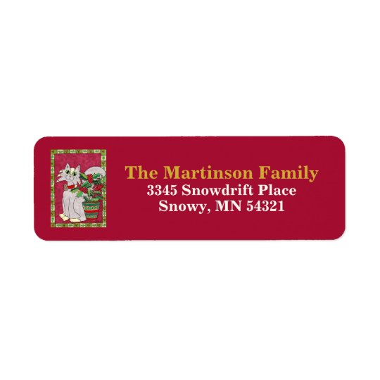 Holly Jolly Grey & White Cat Holiday Return Address Label