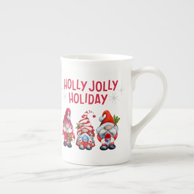 Holly Jolly Holiday Gnomes Whimsical Christmas Bone China Mug (Right)