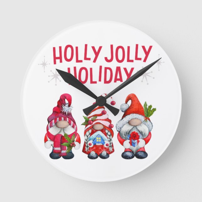 Holly Jolly Holiday Gnomes Whimsical Christmas Round Clock (Front)
