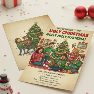 Holly Jolly Hysteria Ugly Sweater Christmas Party  Invitation