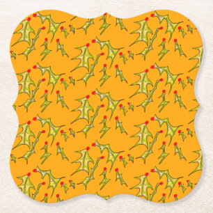 Holly Jolly Leaves on Yellow Gold Paper Coaster