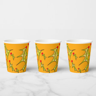 Holly Jolly Leaves on Yellow Gold Paper Cups