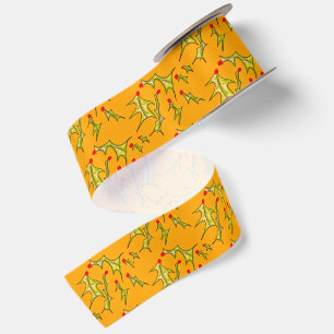 Holly Jolly Leaves on Yellow Gold Satin Ribbon