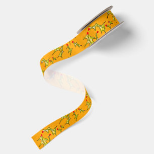 Holly Jolly Leaves on Yellow Gold Satin Ribbon