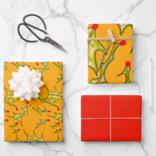Holly Jolly Leaves on Yellow Gold Wrapping Paper Sheet