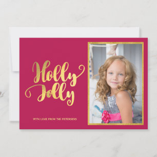 Holly Jolly magenta gold calligraphy script photo Holiday Card