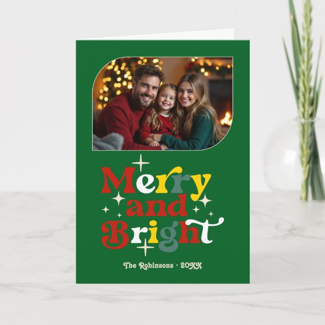 Holly Jolly Merry and Bright Retro Christmas Photo Holiday Card (Front)