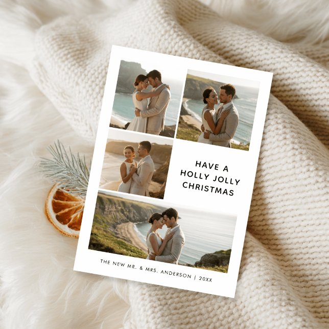 Holly Jolly Newlywed Christmas Coastal 4 Photo Holiday Card (Creator Uploaded)