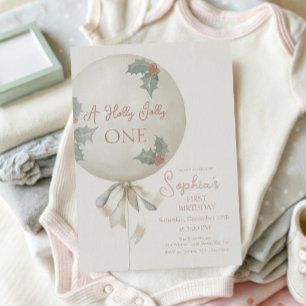 Holly Jolly ONE Christmas Vintage Balloon Birthday Invitation