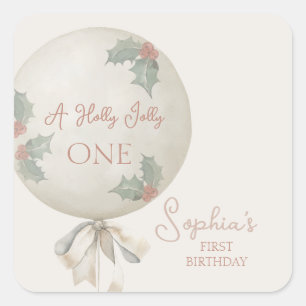 Holly Jolly ONE Christmas Vintage Balloon Birthday Square Sticker