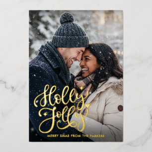 Holly Jolly One Photo Real Gold Foil Holiday Card