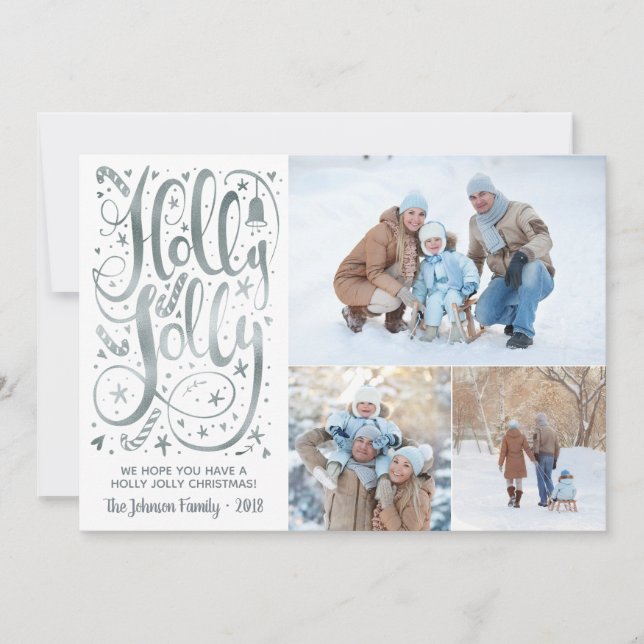 Holly Jolly Photo Christmas Card, Faux Silver Foil Holiday Card (Front)